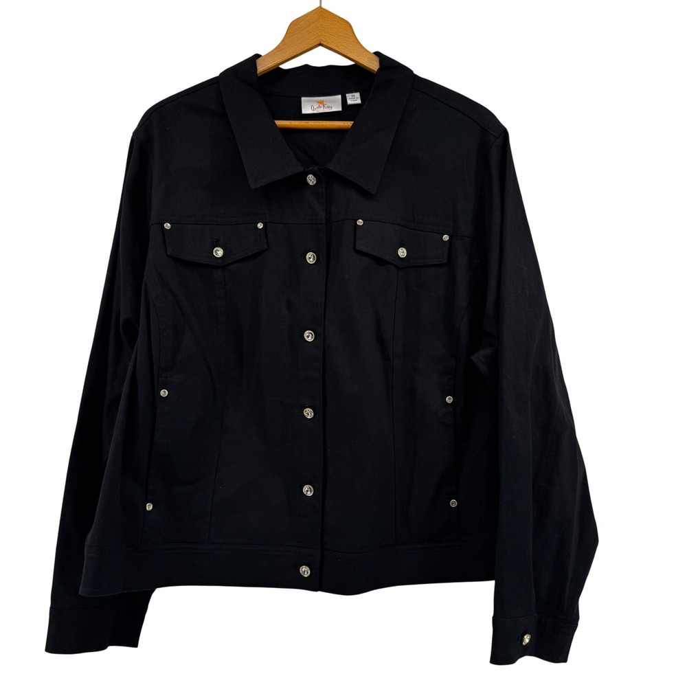 Quacker Factory Womens 3X Black Rhinestone Button Denim Style Jacket Plus Size